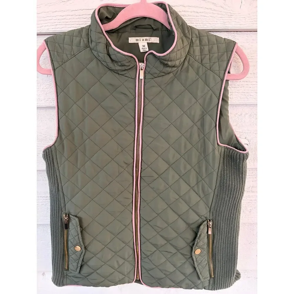 Miami Olive Green Quilted Puffer Vest Pink Trim Zip Front Women’s Medium - Picture 2 of 7